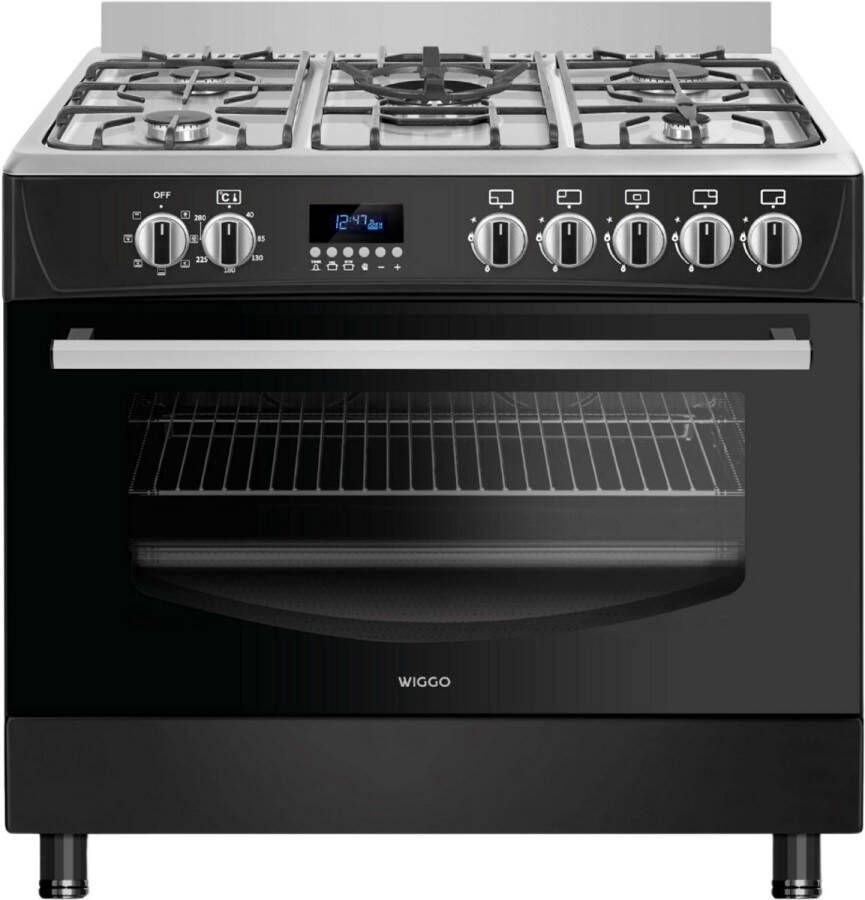 Wiggo WO-E909R(BX) Vrijstaand Gasfornuis 90 cm 110 Liter 5 pitten Energieklasse B 5 jaar garantie Zwart Rvs