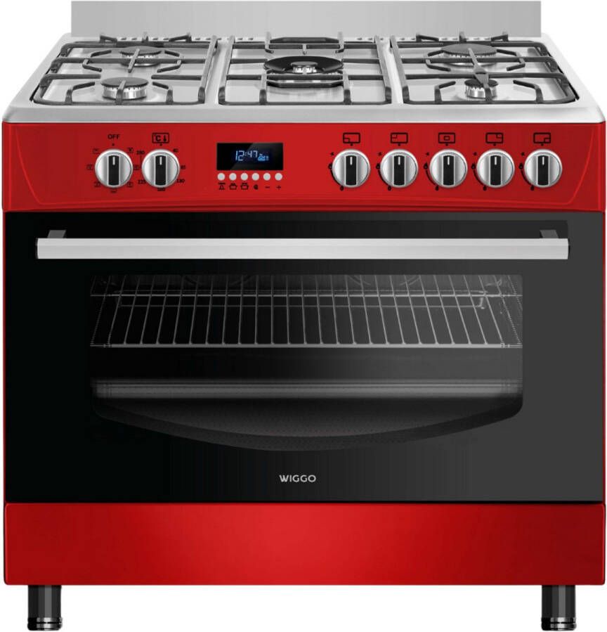 Wiggo WO-E909R(RX) Vrijstaand Gasfornuis 90 cm 110 Liter 5 pitten Energieklasse B 5 jaar garantie Rood Rvs