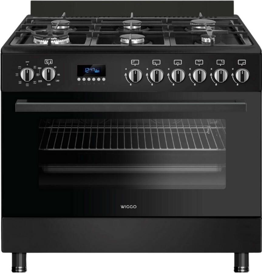 Wiggo WO-E969R(BB) Vrijstaand Gasfornuis 90 cm 110 Liter 6 pitten Energieklasse B 5 jaar garantie Zwart