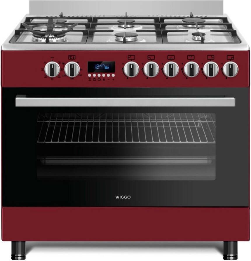 Wiggo WO-E969R(RX) Vrijstaand Gasfornuis 90 cm 110 Liter 6 pitten Energieklasse B 5 jaar garantie Rood Rvs - Foto 2
