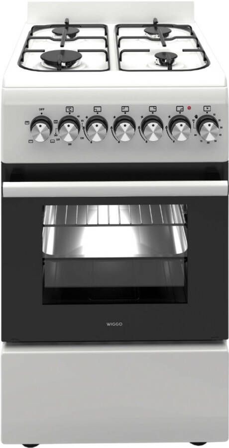 Wiggo WO‑E505R(WW) – Vrijstaand gasfornuis – 50 cm – 4 kookzones – 52L elektrische oven – Wit – Energieklasse A – Elektrische vonkontsteking – 5 jaar garantie