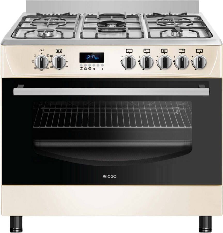 Wiggo WO‑E909R(CX) – Vrijstaand gasfornuis – 90 cm – 5 kookzones met wokbrander – 110L elektrische oven – Crème Roestvrijstaal – Elektrische vonkontsteking & vlambeveiliging – Energieklasse B – 5 jaar garantie