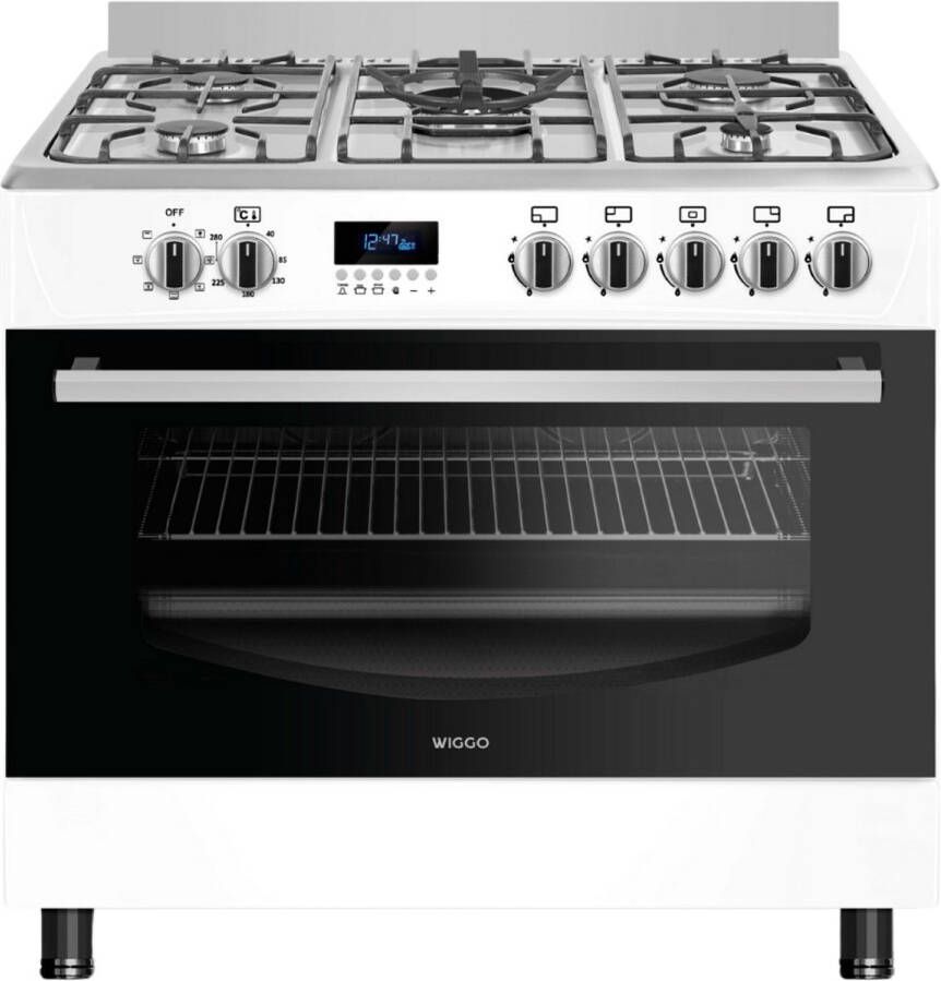 Wiggo WO‑E909R(WX) – Vrijstaand gasfornuis – 90 cm – 5 kookzones met wokbrander – 110L elektrische oven – Wit Roestvrijstaal – Elektrische vonkontsteking & vlambeveiliging – Energieklasse B – 5 jaar garantie