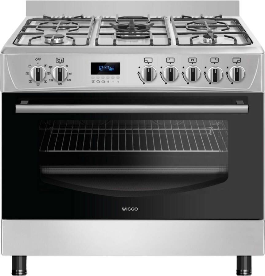 Wiggo WO‑E909R(XX) – Vrijstaand gasfornuis – 90 cm – 5 kookzones met wokbrander – 110L elektrische oven – Roestvrijstaal – Elektrische vonkontsteking & vlambeveiliging – Energieklasse B – 5 jaar garantie