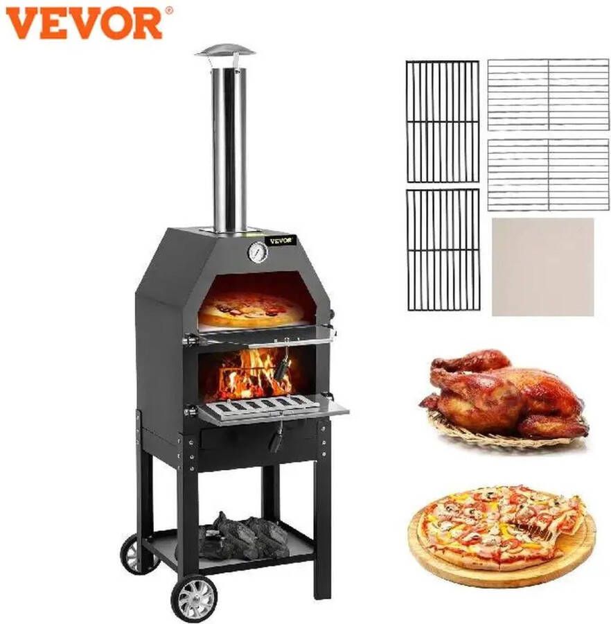 Wildor Pizzaoven buiten Houtgestookte Pizza oven Houtskool Barbecue Multifunctionele BBQ Met wielen & Handgreep Pizza BBQ Smoker Max Temperatuur: 500 ℃ 40 x 35 x 141cm