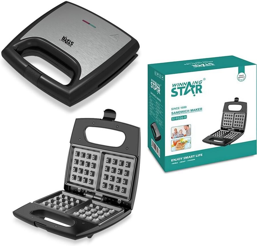 WinningStar Wafelijzer Met Anti Aanbaklaag – Wafelmaker – 750 W – Snelle Opwarming – Compact En Verticaal Op Te Bergen – Warmte Geïsoleerde Handgreep – Antislip Voeten – Zilver [DA00479]