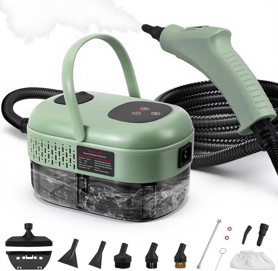 Wishdor Stoomreiniger 2500W 1100ml Capaciteit 3.0 Bar Hoge Druk Snel Opwarmen in 15s Inclusief 15 Accessoires Voor Keuken Badkamer & Auto Groen