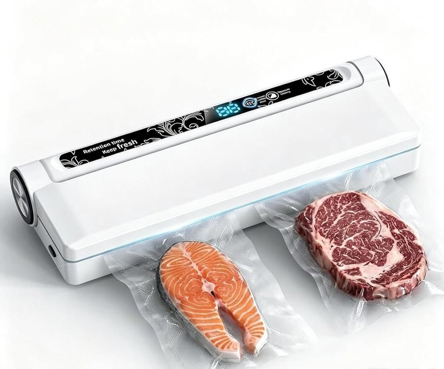 Wit Vacuümmachines -Vacuümverpakkingsmachine- Vacumeermachine Vacuum sealer Met 10 vacuümzakken (Afmetingen tas (17x25) Met digitaal display Multimodus voor Nat en Droog Voedsel Vlees en Levensmiddelen