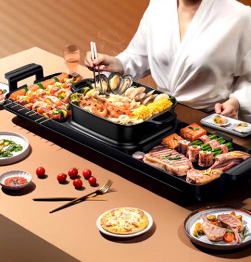 WizBay Premium Select 3 in 1 Dual Aziatische Shabu HotPot Hot pot Funcooking 2 Bouillon Gedeelten! Grill Bakplaat Gourmetten Bouillon fondue 5 12 personen 2800W Elektrisch Chinese fondue Anti Aanbak Laag 70cm Lang!