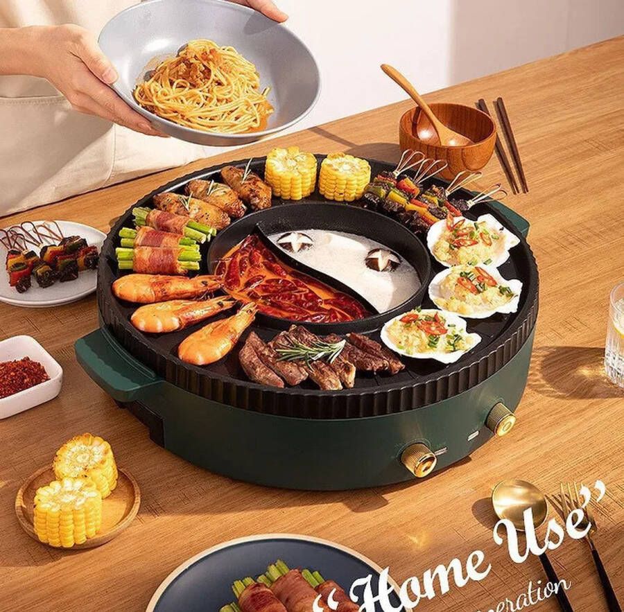 WizBay Premium Select 2 in 1 Dual Aziatische Shabu HotPot Hot pot Funcooking 1 Bouillon Gedeelte Grill Bakplaat Gourmetten Bouillon fondue 5 8 personen 1800W Elektrisch Chinese fondue Anti Aanbak Laag Rond 42cm