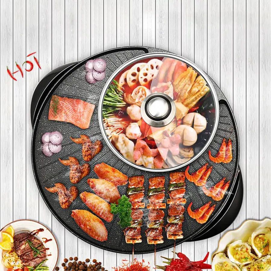 WizBay Premium Select 2 in 1 Dual Aziatische Shabu HotPot Hot pot Funcooking 1 Bouillon Gedeelte Grill Bakplaat Gourmetten Bouillon fondue 3 5 personen 1200W Elektrisch Chinese fondue Anti Aanbak Laag Rond 38cm