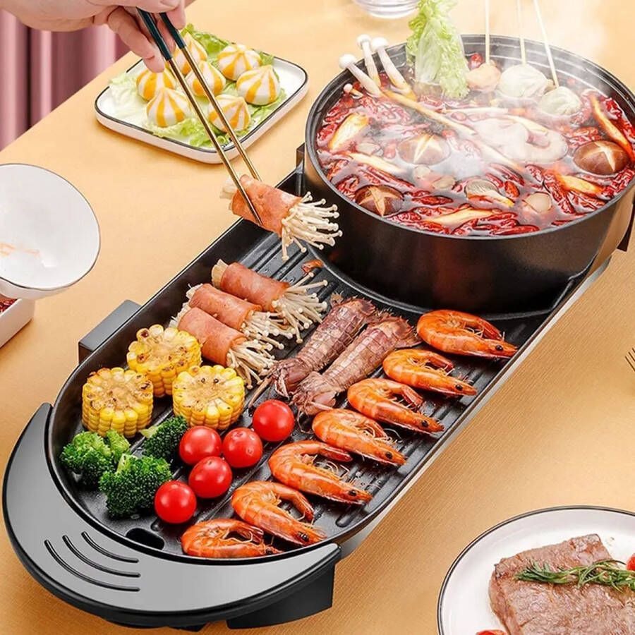 WizBay Premium Select 3 in 1 Dual Aziatische Shabu HotPot Hot pot Funcooking 2 Bouillon Gedeelten Grill Bakplaat Gourmetten Bouillon fondue 5 8 personen 2000W Elektrisch Chinese fondue Anti Aanbak Laag 72cm Lang!