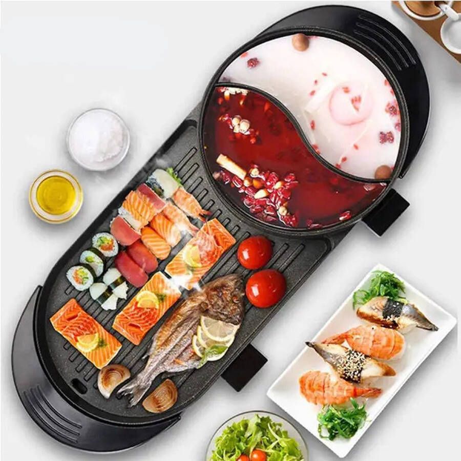 WizBay Premium Select 3 in 1 Dual Aziatische Shabu HotPot Hot pot Funcooking 2 Bouillon Gedeelten Grill Bakplaat Gourmetten Bouillon fondue 5 8 personen 2000W Elektrisch Chinese fondue Anti Aanbak Laag 72cm Lang! - Foto 3