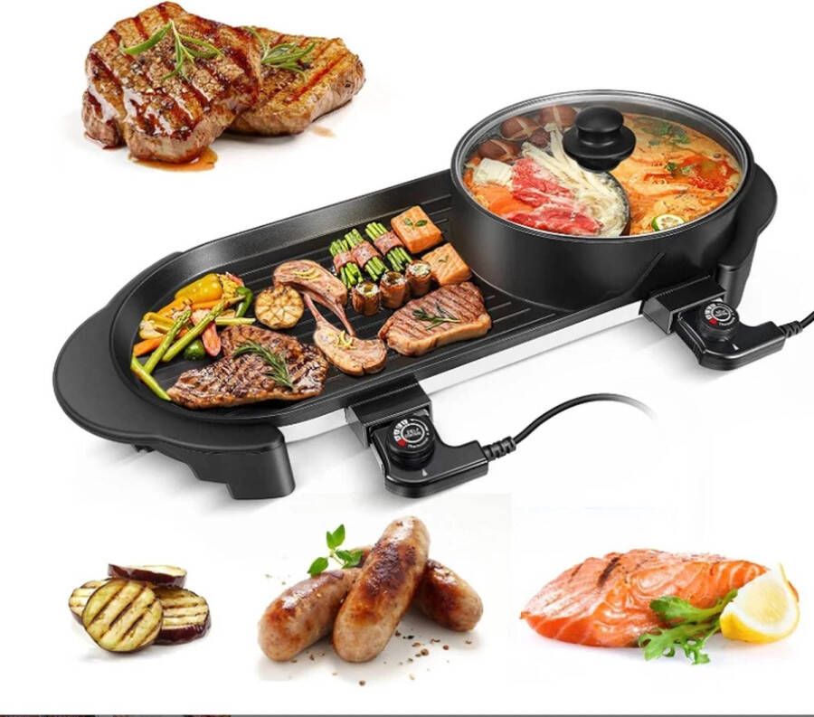 WizBay Premium Select 3 in 1 Dual Aziatische Shabu HotPot Hot pot Funcooking 2 Bouillon Gedeelten Grill Bakplaat Gourmetten Bouillon fondue 5 8 personen 2000W Elektrisch Chinese fondue Anti Aanbak Laag 72cm Lang! - Foto 2