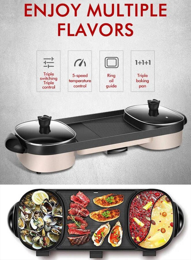 WizBay Premium Select 4 in 1 Dual Aziatische Shabu HotPot Hot pot Funcooking 3 Bouillon Gedeelten! Grill Bakplaat Gourmetten Bouillon fondue 5 12 personen 2000W Elektrisch Chinese fondue Anti Aanbak Laag 80cm Lang!