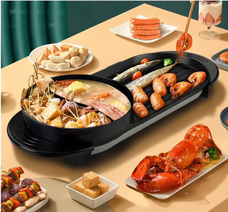 WizBay Premium Select 3 in 1 Dual Aziatische Shabu HotPot Funcooking 2 Bouillon Gedeelten Grill Gourmetten Fondue 6 tot 8 personen 2000W Anti Aanbak Laag 72cm Lang