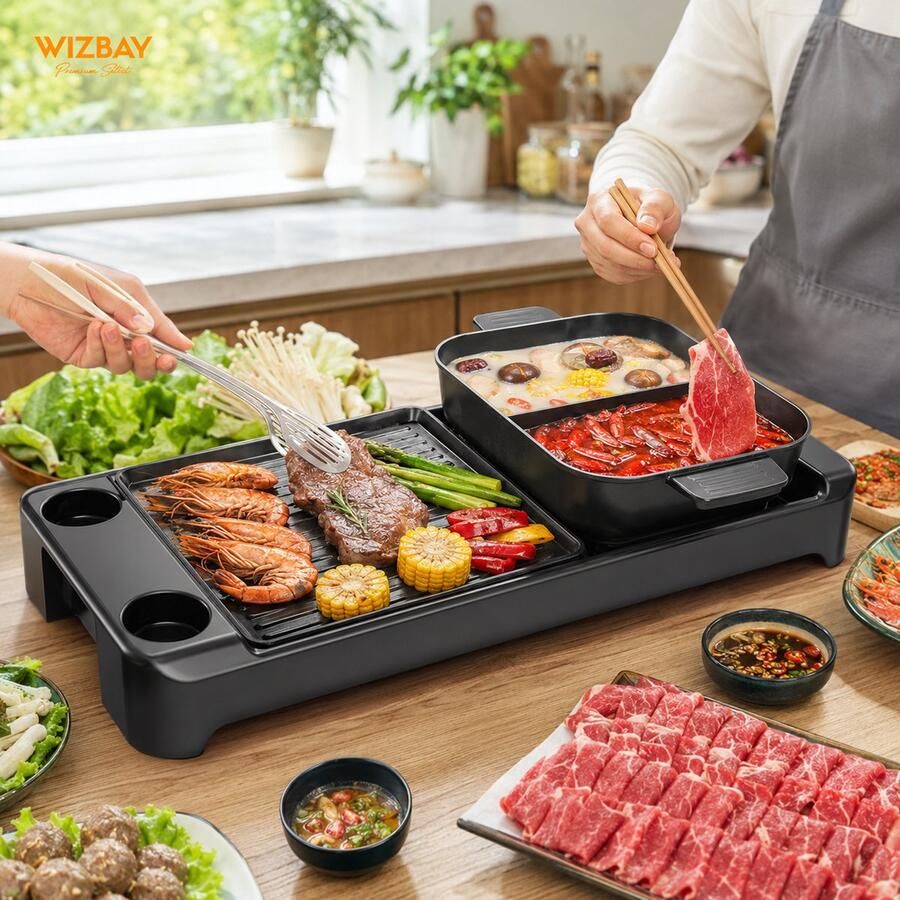 WizBay Premium Select 3 in 1 Dual Aziatische Shabu HotPot Hot pot Funcooking 2 Bouillon Gedeelten! Grill Bakplaat Gourmetten Bouillon fondue 5 12 personen 2800W Elektrisch Chinese fondue Anti Aanbak Laag 70cm Lang!