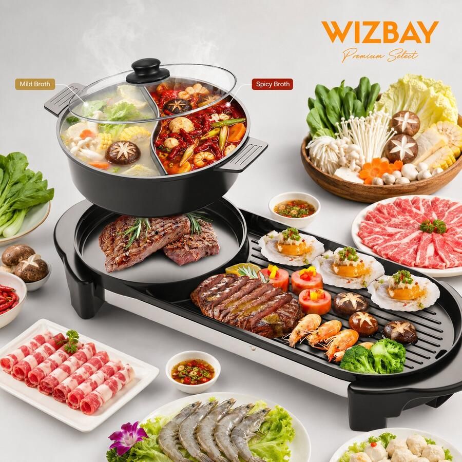 WizBay Premium Select 4 in 1 Dual Aziatische Shabu HotPot Afneembare Pan Funcooking 2 Bouillon Gedeelten Grill Gourmetten Fondue 6 tot 8 Personen 2200W Anti Aanbaklaag 73 cm Lang
