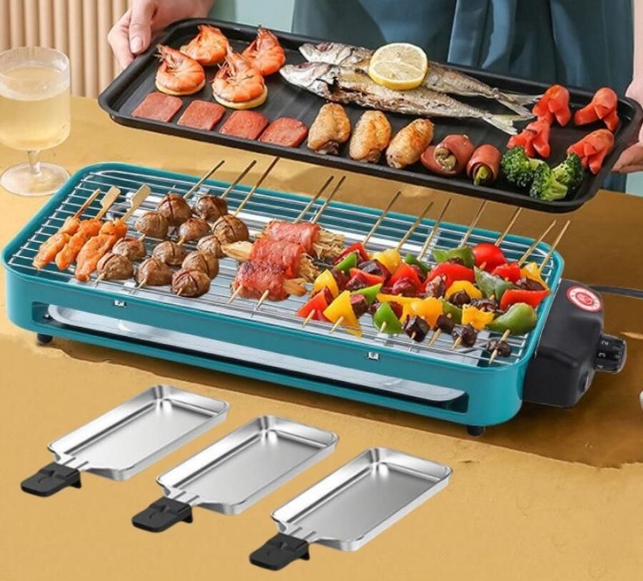 WK Wang Knobbout WK 3-in-1 Elektrische Grill 46×22.5 cm BBQ-plaat + Bakplaat + 3 Mini-pannetjes 1350W Hoog Vermogen 5-standen Temperatuurregeling Antiaanbak & Eenvoudig te Reinigen Perfect voor Thuis & Feestjes