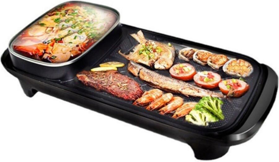 WK Wang Knobbout WK Indoor Snelverwarmende 48×23 cm Grill & Hotpot-combinatie 2–4 Personen 1300W Snelle Verwarming 5 Warmtestanden Afspoelbaar na Uitschakeling voor Gemakkelijk Schoonmaken Stijlvol Design voor Gezellige Diner