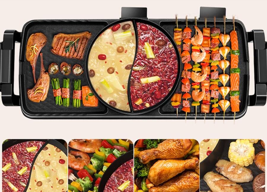 WK Wang Knobbout WK Indoor Snelverwarmende 67×26 cm BBQ & Hotpot All-in-One 5–8 Personen 2200W Onafhankelijke Temperatuurregeling 5 Warmtestanden Afspoelbaar na Uitschakeling Makkelijk Schoon te Maken