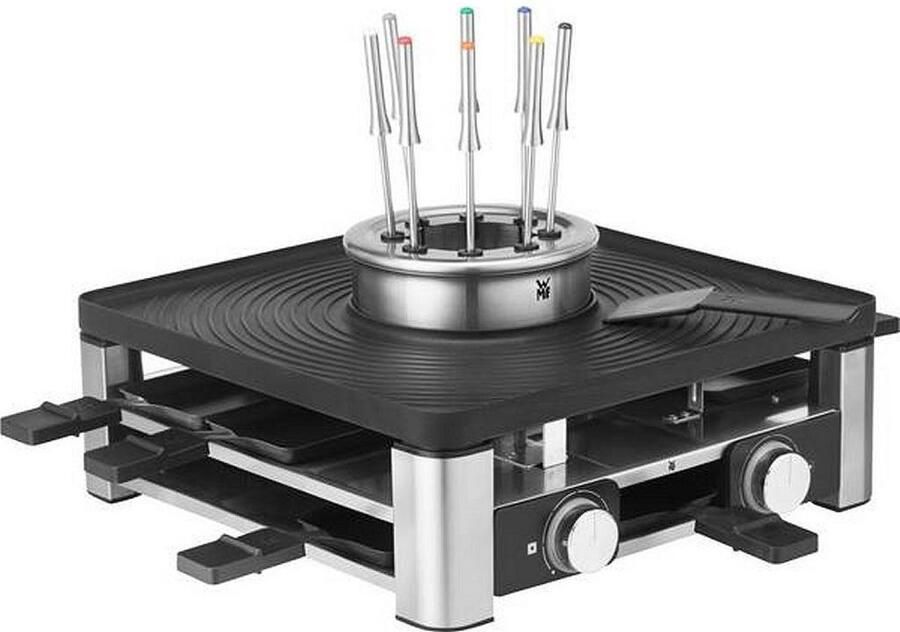 WMF Raclette Lumero gourmetstation 3-in-1 raclette fondue en indoor-grill vaatwasmachinebestendige pannetjes plaat spatbescherming led-verlichting
