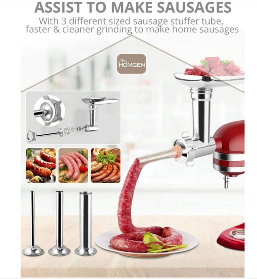 WNHB Accessoireset Voor Vleesmolen Met KitchenAid Aansluiting Inclusief 3 Worstvulbuizen En 2 Maalplaten