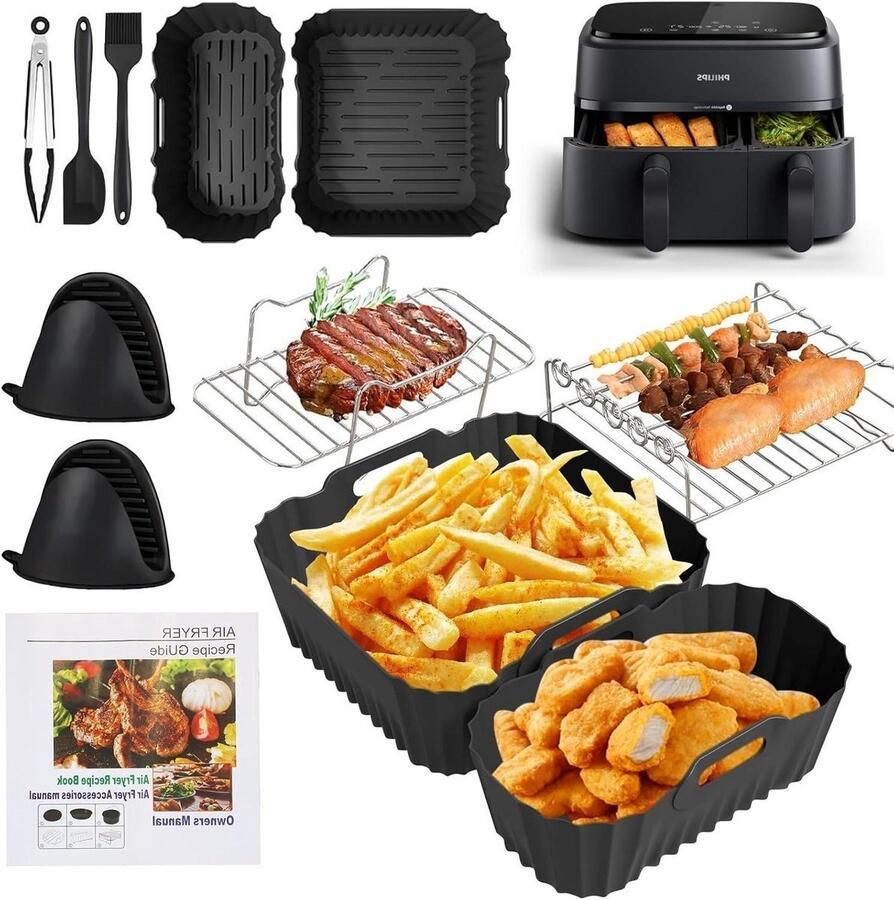 WNHB Airfryer accessoires set dual basket 6L 3L siliconen bakvorm grillrek tang inzetstukken