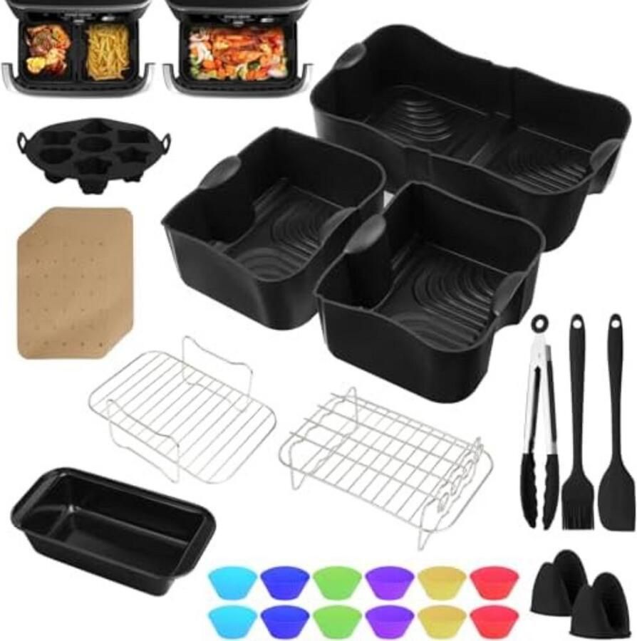 WNHB Airfryer Accessoireset Geschikt voor Dubbele Mand – Siliconen Mallen – Grillrek – Bakpapier – Compatibel met AF500UK