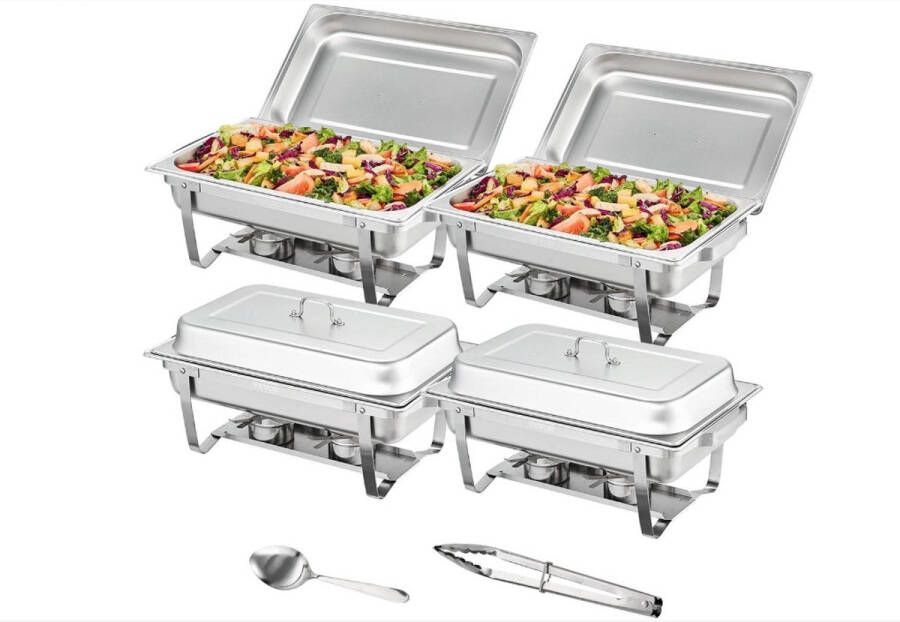WNHB Buffetwarmer 4-Delig 60x35x32 cm Zilver Warmhoudbak en Chafing Dish met Warmhoudplaat