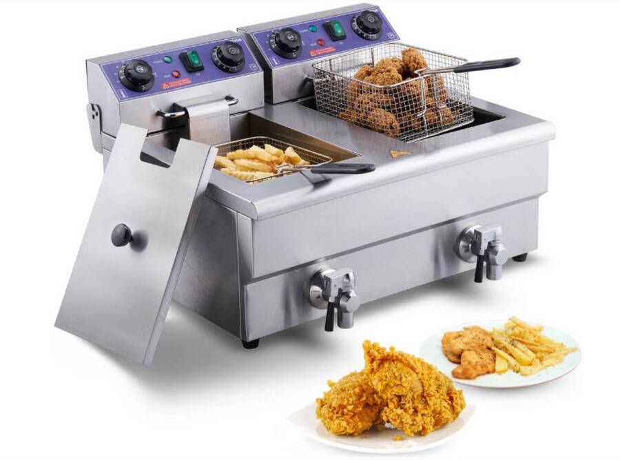 WNHB Elektrische Dubbele Friteuse 24L Commerciële Frituurpan 3000W Met Thermostaat Voor Friet Kip Snacks Horeca Keuken RVS