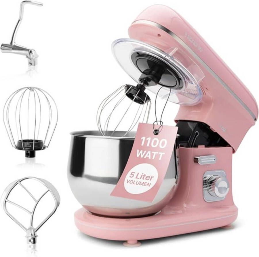 WNHB Roterende deegmachine luxe – Multifunctionele deegmixer met spatdeksel – Kneedmachine met navulopening – 1100W RVS roze – Keukenmixer voor bakken