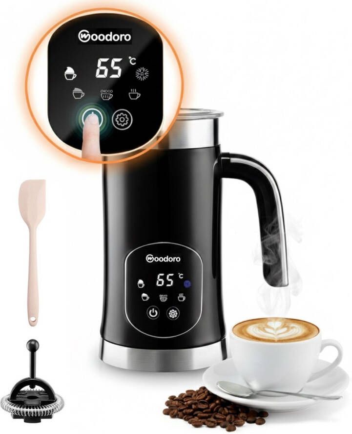 Woodoro Elektrische Melkopschuimer 2025 Premium Melkschuimer 5-in-1 Automatische Melkopschuimer Voor Cappuccino & Latte Touch Display Warm & Koud BPA & PFAS-vrij 350ML Zwart
