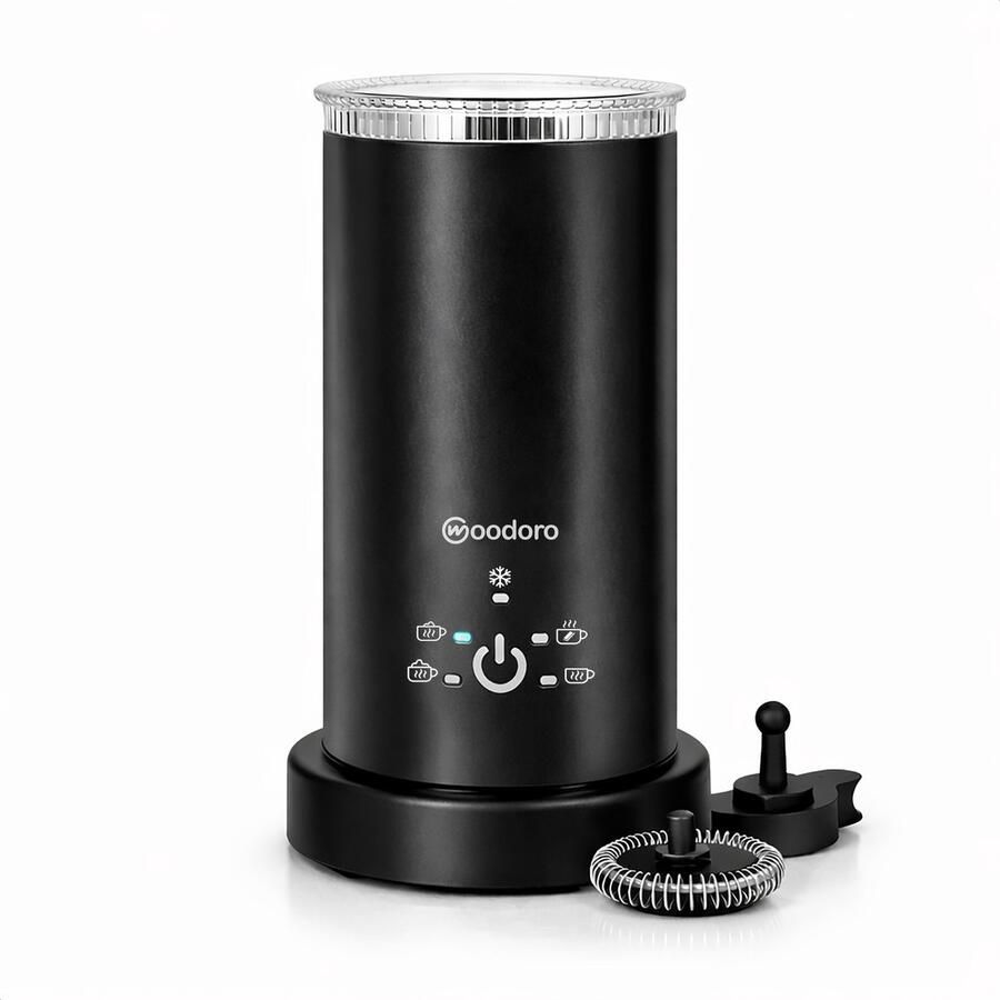 Woodoro Elektrische Melkopschuimer 5-in-1 – 100% PFAS-vrij – Geschikt voor Alle Melksoorten – Melkschuimer Warm en Koud – Stille Milk Frother – Zwart –