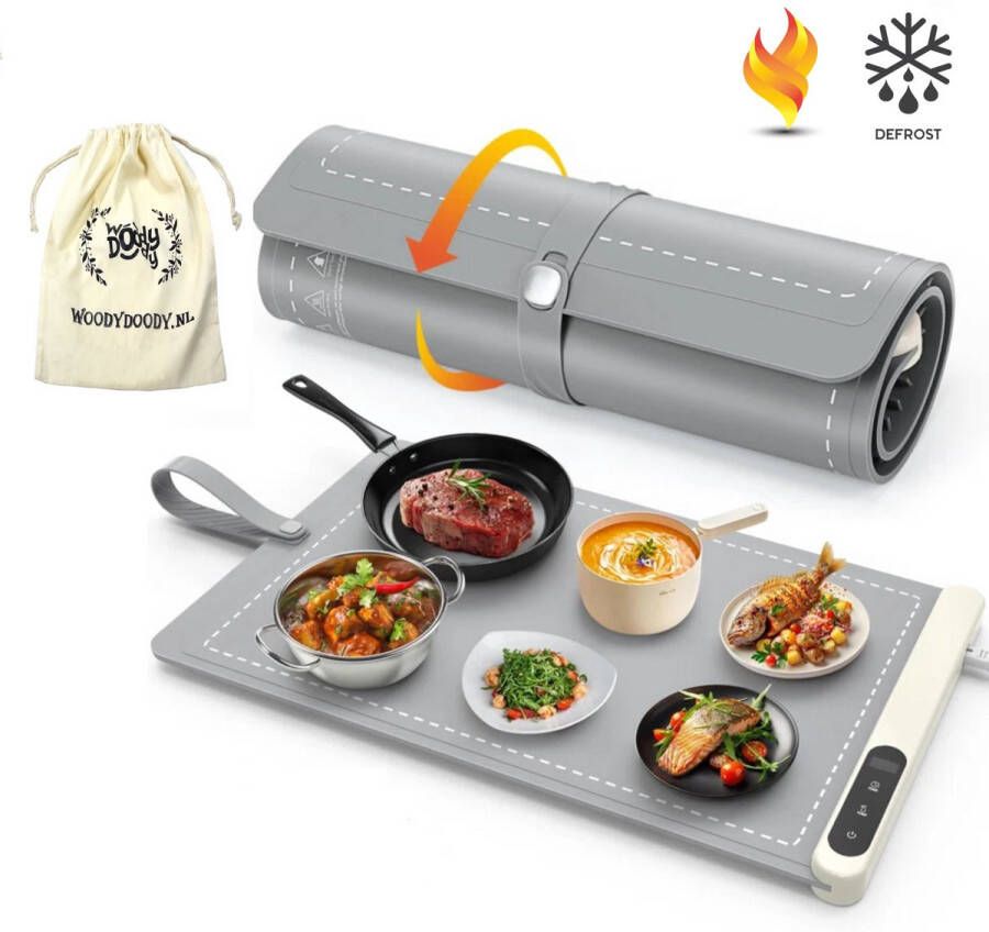 WoodyDoody Elektrische Verwarm Mat Warmhoudplaat Gerechten Dienblad – Ontdooien Diepvries en Snel en Veilig – Draagbare Voedselverwarmer met 3 Verwarmstanden – Timer functie en Eenvoudig op te Bergen Geschikt voor Drogen Servies en Bestek