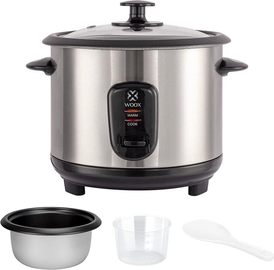 WOOX Mini Rijstkoker 1L – Elektrische Kookpan 400W – RVS Behuizing – Glazen Deksel – Antiaanbak Binnenpan – Automatische Warmhoudfunctie – Zwart