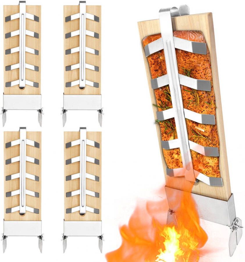 Flammlachsplanken Grill 4 stuks – 47 x 16 cm – BBQ Zalmplank voor Grote Zalmfilets – Verstelbare Hoek – Multifunctioneel voor Grillen & Serveren