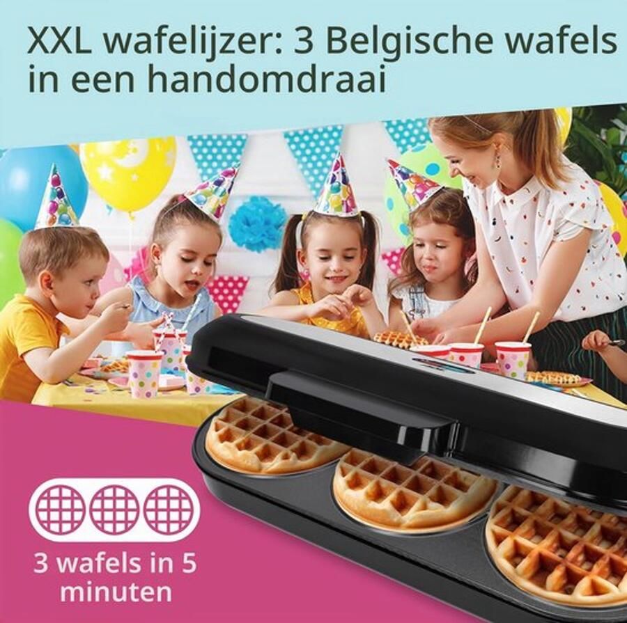 XXL wafelijzer Belgische wafel voor 3 ronde wafels tegelijk 1.200 watt vermogen antiaanbaklaag perfect voor kinderfeestjes & familiefeesten