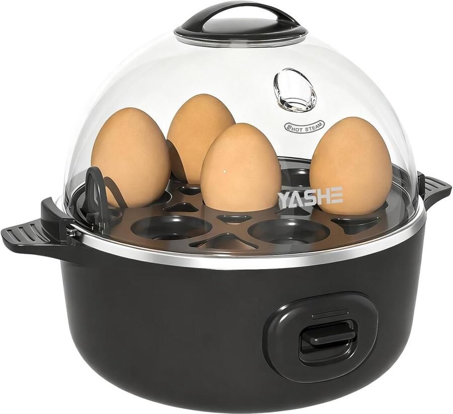 YASHE eierkoker voor 7 eieren pocheerfunctie en omeletkom automatische uitschakeling zwart