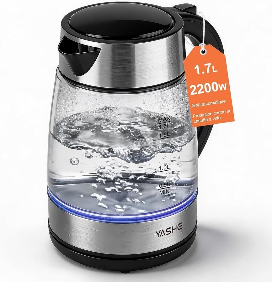YASHE glazen waterkoker 1 7L 2200W blauwe LED kalkfilter automatische uitschakeling - Foto 1