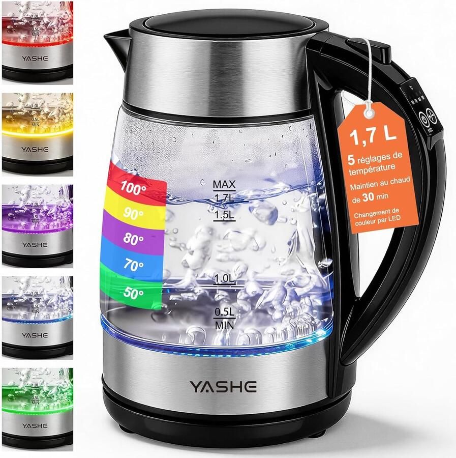 YASHE glazen waterkoker 1 7L 2200W instelbare temperatuur 5 kleuren LED warmhoudfunctie