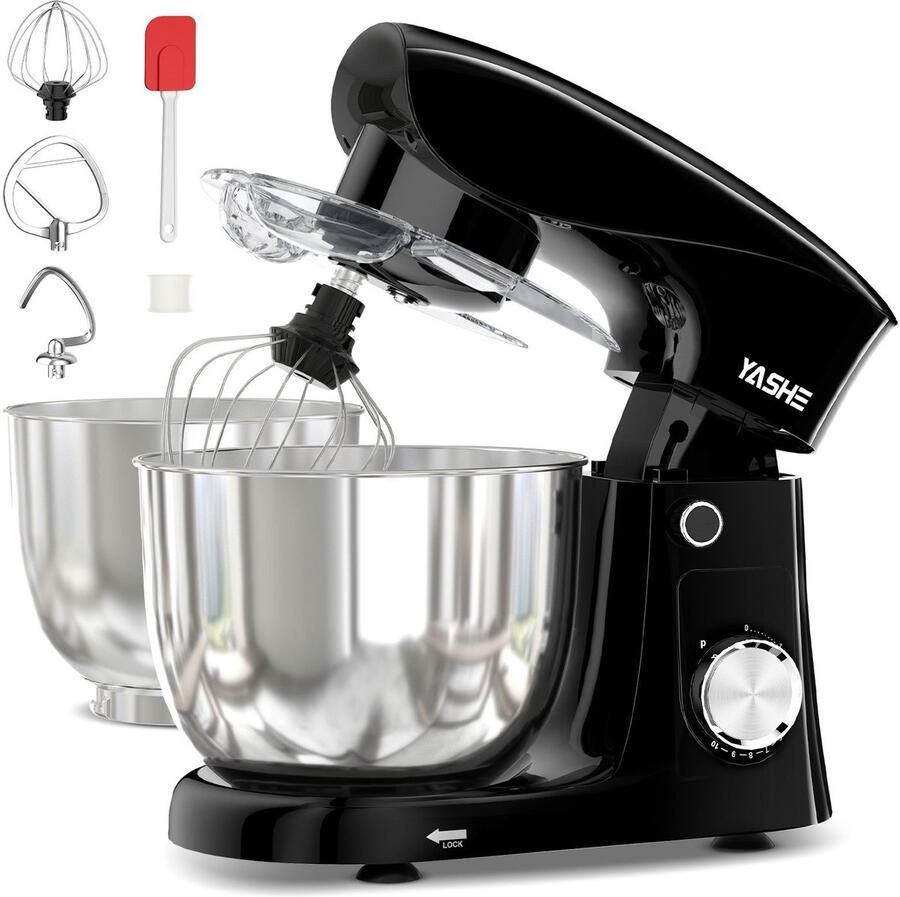 YASHE keukenmachine 1500W 2 RVS mengkommen 4 5L en 5L 10 snelheden + pulse deeghaak garde en klopper - Foto 2
