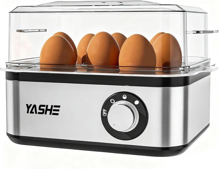 YASHE RVS eierkoker voor 8 eieren pocheerfunctie en omeletkom geluidssignaal zilver