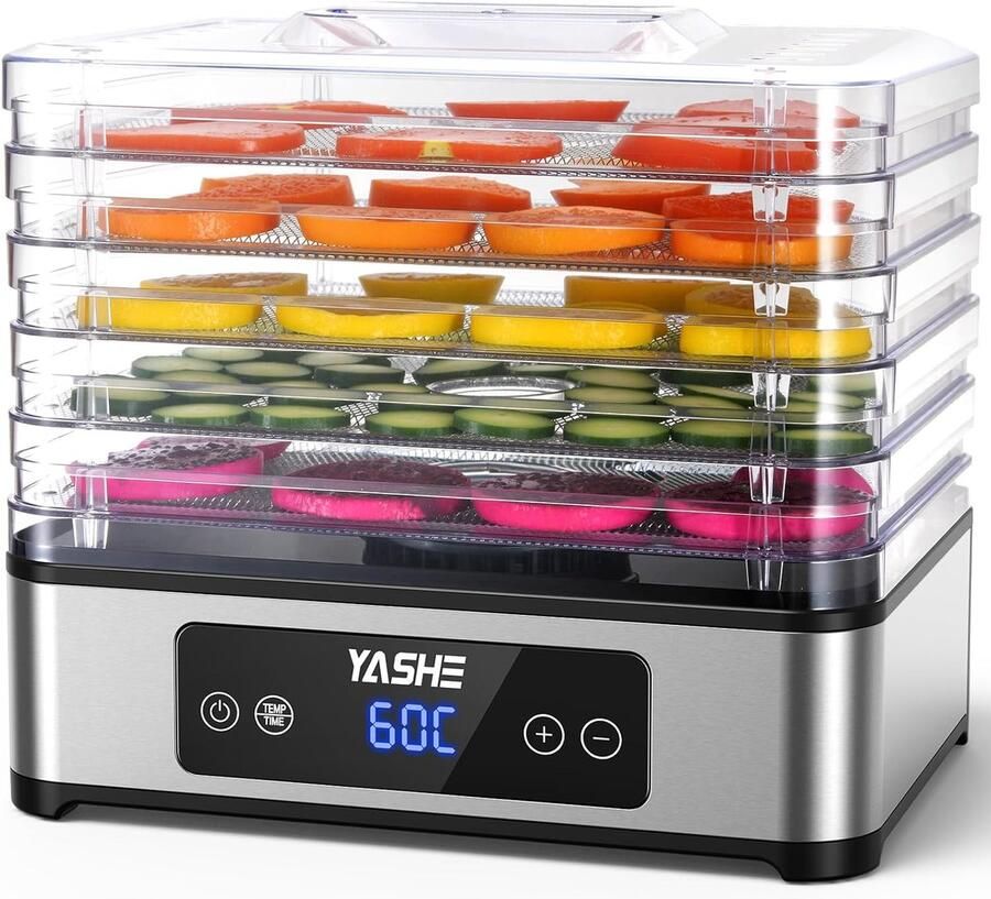 YASHE voedseldroger 400W 5 RVS droogrekken timer 1-48 uur temperatuur 35-70 graden BPA-vrij