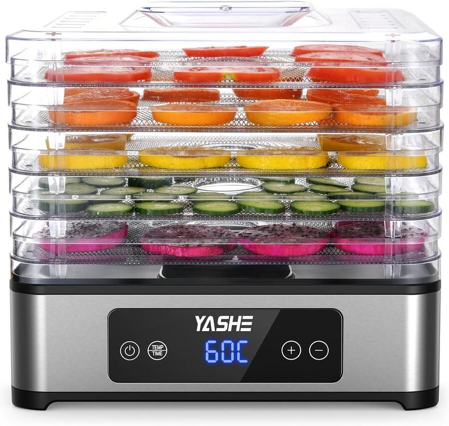 YASHE voedseldroger 400W 5 RVS droogrekken timer 1-48 uur temperatuur 35-70 graden BPA-vrij