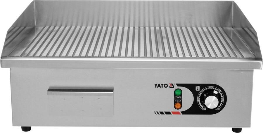 Yato Elektrische Bakplaat Geribbeld 3000W Professionele RVS Horeca Grillplaat 555 x 350 mm Ribbel Baktraf met Vetopvangbak & Spatrand RVS Contactgrill voor Vlees Tortilla's & Groenten (YG-04587)