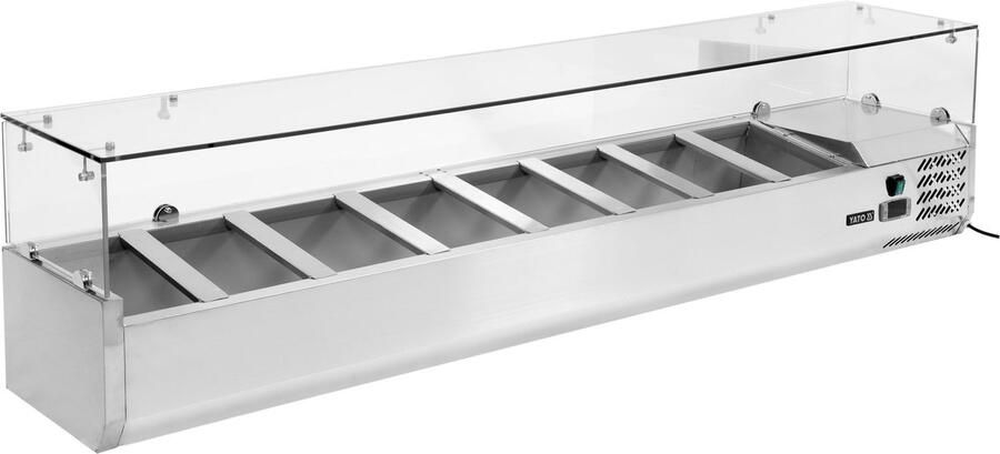 Yato Professionele Opbouw-Koelvitrine YG-05323 – RVS – 8x GN 1 4 – Glasopbouw – Statische Koeling – Temperatuurbereik +2°C tot +8°C – Breedte 180 cm