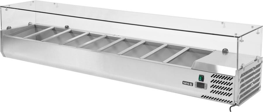 Yato Professionele Opbouw-Koelvitrine YG-05332 – RVS – 9x GN 1 3 – Glasopbouw – Statische Koeling – Temperatuurbereik +2°C tot +8°C – Breedte 200 cm