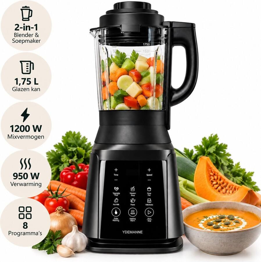 Ydemanne Multifunctionele 2-in-1 Soepmaker & Blender 1.75 Liter Verwarmingselement 8 Programma s 1200W Glazen Kan Incl. Schoonmaakfunctie