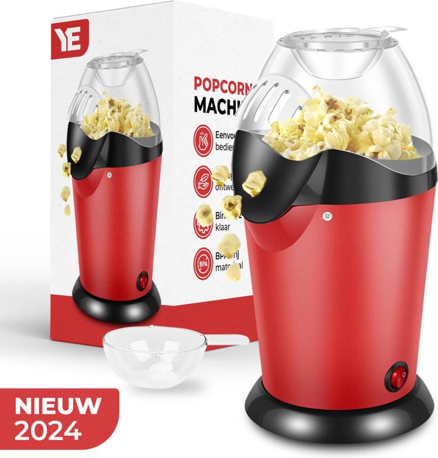 Ye Tasty Pops Retro popcorn machine (2-3 personen) 1200W Inclusief maatlepel Klaar binnen 3 minuten Zonder olie Rood